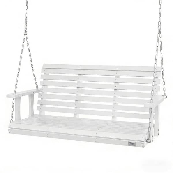 White Wood Outdoor Porch Swing with Hanging Chains, 2-3 Person Patio Bench Swing for Garden, Deck