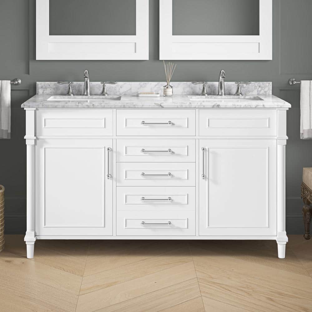 Aberdeen 60 in. Double Sink Freestanding White Bath Vanity with Carrara Marble Top (Assembled) price history on PriceWatchPro