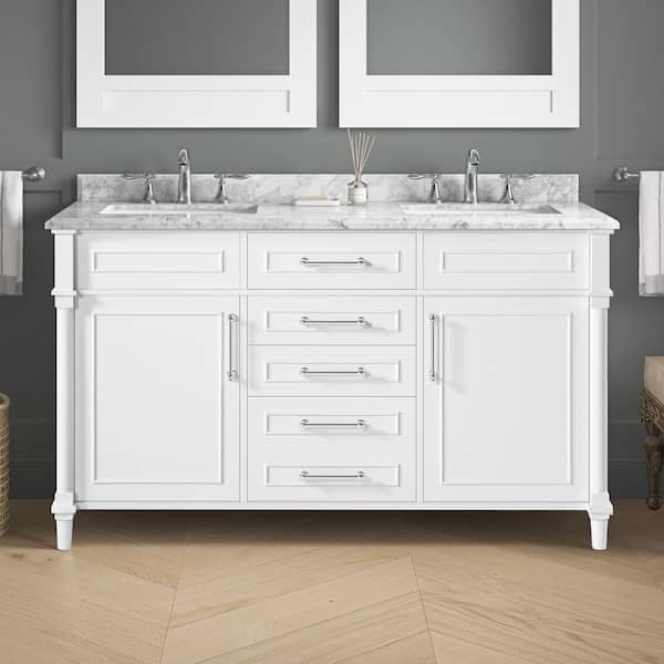 Home Decorators Collection Aberdeen 60 in. Double Sink Freestanding White Bath Vanity with Carrara Marble Top (Assembled)