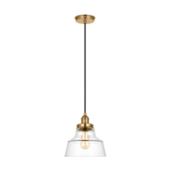 Generation Lighting Baskin Chimney 10 in. 1-Light Satin Brass Modern Contemporary Pendant Light with Clear Glass Shade