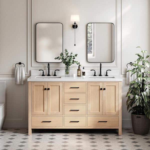 ARIEL Cambridge 61 in. W x 22 in. D x 36 in. H Double Freestanding Bath Vanity in Oak with Pure White Quartz Top