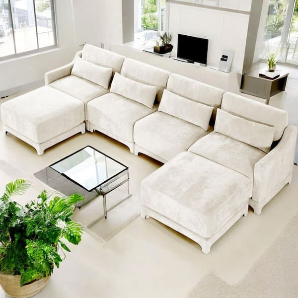 YQJWMD 141.7 in. Straight Arm 6-Piece Chenille Modular Sectional Sofa Comfort, 4-Seater, 2 Ottomans in Ivory White