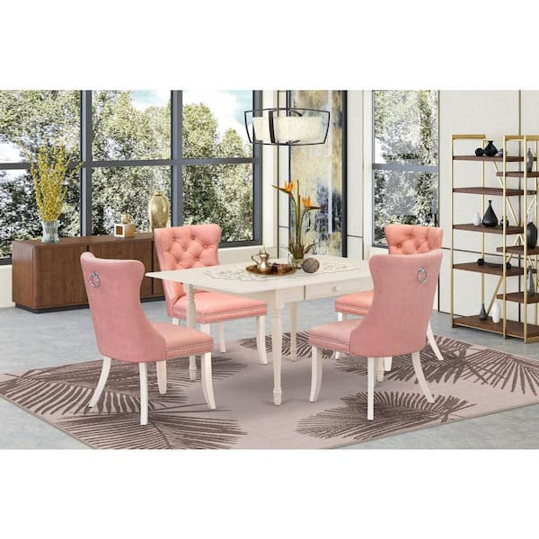 East West Furniture 5-Piece Linen White Finish Solid Wood Top - Rectangular Upholstered Dining Room Set with Dropleaf (Seats- 4)