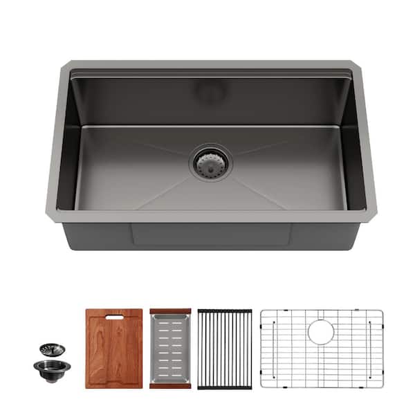 30 in. Gunmetal Black Undermount Workstation Sink with Cutting board and Colander