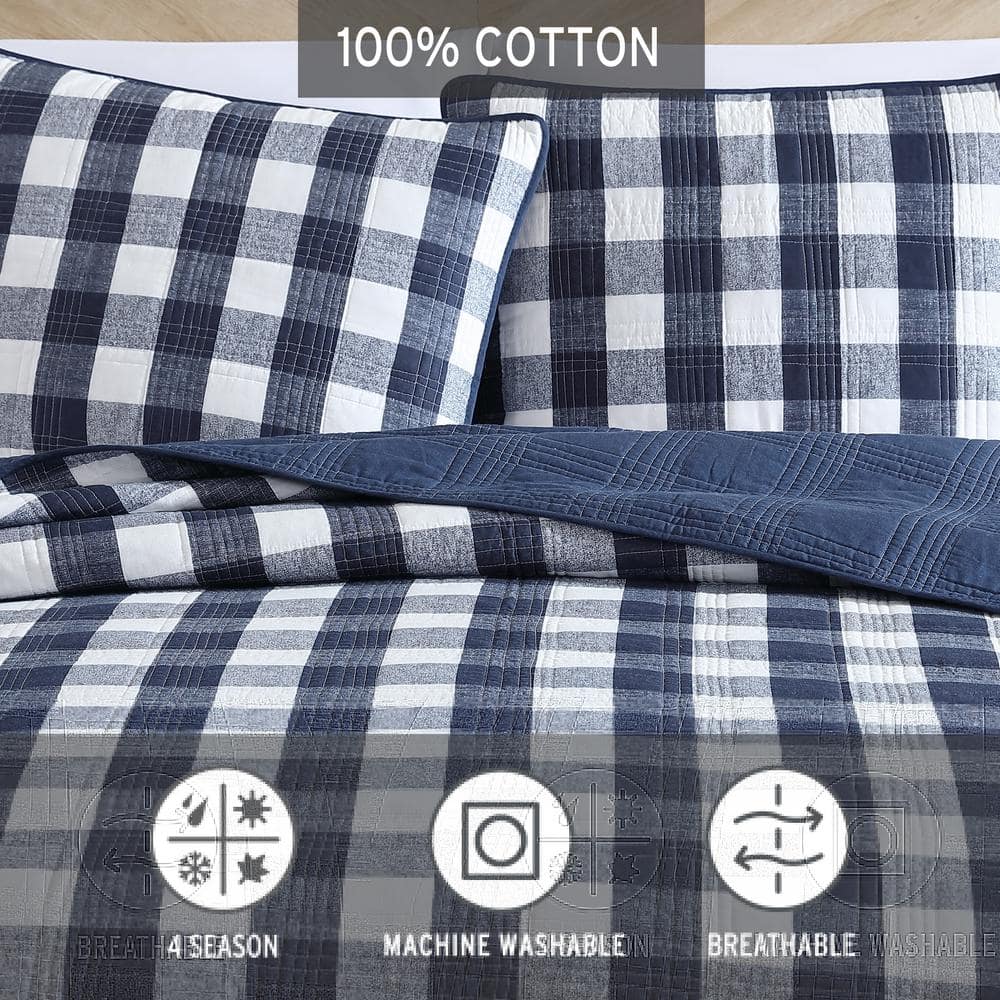 Full Blue Cotton Reversible Plaid Quilt Set