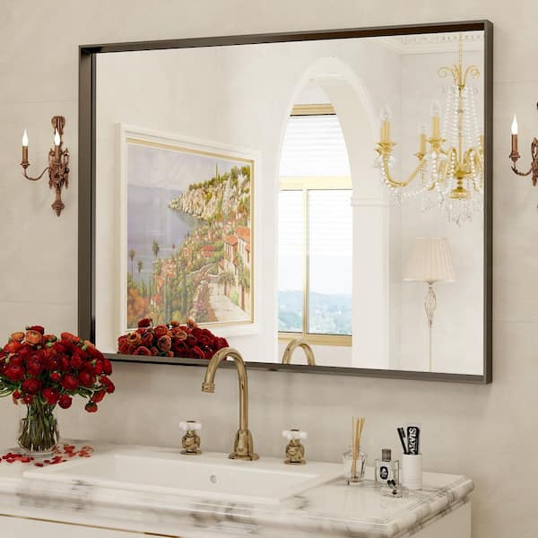 Black 20 in. W x 30 in. H Rectangular Modern Aluminum Alloy Deep Framed Mirror Wall Mirror