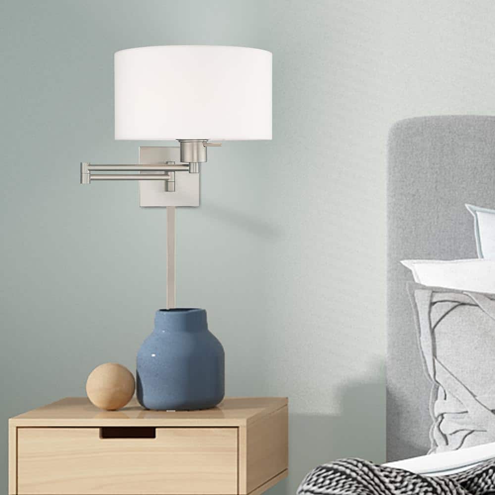 Brushed Nickel Swing Arm Wall Lamp with Off-White Fabric Shade