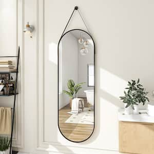 16 in. W x 48 in. H Oval Metal Framed Wall Bathroom Vanity Mirror Black with Hanging Leather Strap