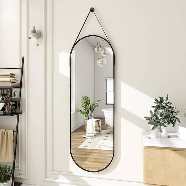 GLSLAND 16 in. W x 48 in. H Oval Metal Framed Wall Bathroom Vanity Mirror Black with Hanging Leather Strap