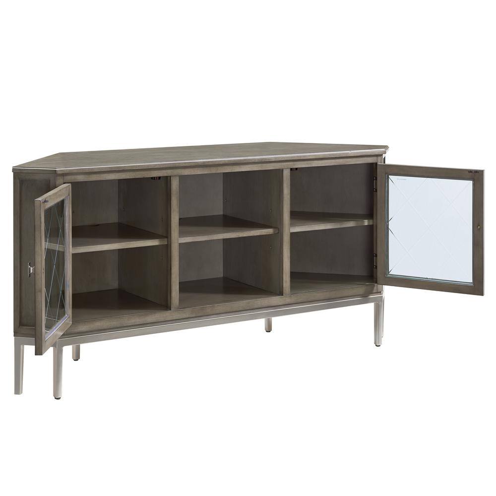 Gray Wood and Pewter Corner TV Stand with Glass Doors