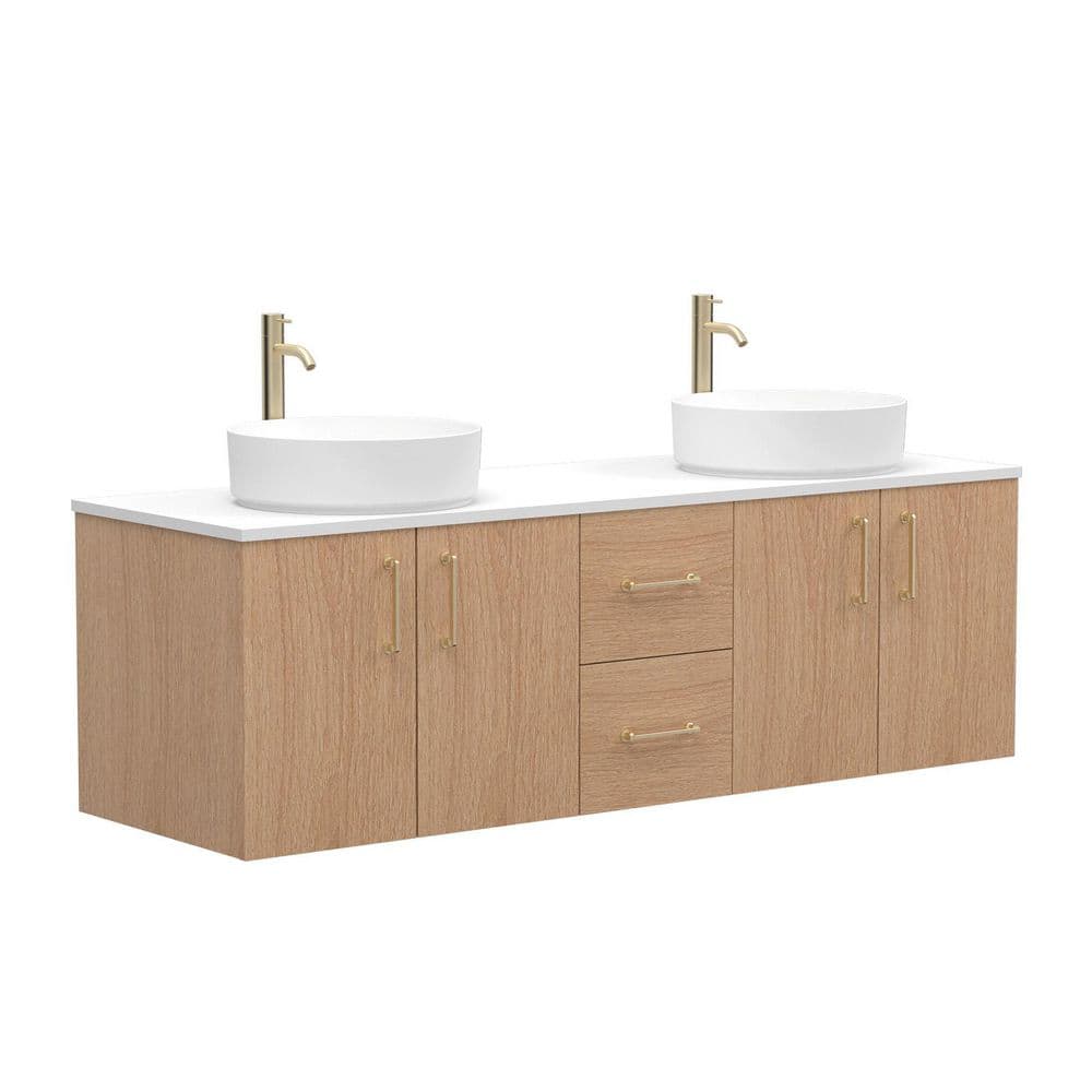 Elowen 60 in. Double Sink Floating Brown Bath Vanity with White Quartz Top and Round Vessel Ceramic Sink,Assembled price history on PriceWatchPro