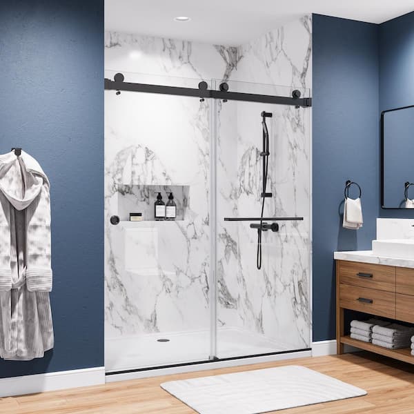 WYonder 59 in. W x 72 in. H Sliding Frameless Shower Door in Matte Black with 5/16 in. (8 mm) Clear Glass
