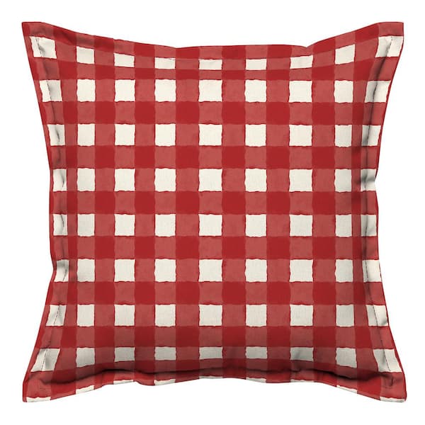 Hampton Bay 18 x 18 Watercolor Gingham Chili Outdoor Square Throw Pillow with Flange