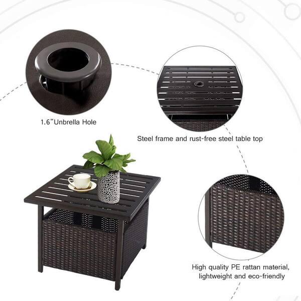 brown wicker outdoor side table with umbrella hole