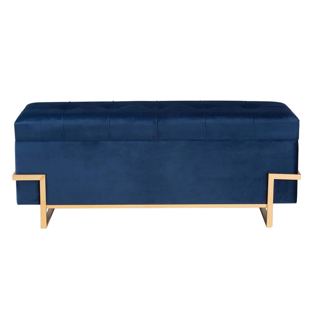 Parker Navy Blue Velvet and Gold Metal Storage Ottoman