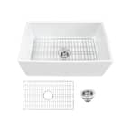 Farmhouse Apron Front Fireclay 30 in. Single Bowl Kitchen Sink in White with Grid and Strainer