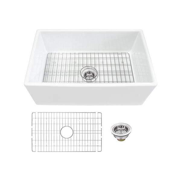 IPT Sink Company Farmhouse Apron Front Fireclay 30 in. Single Bowl Kitchen Sink in White with Grid and Strainer