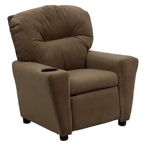 Contemporary Brown Microfiber Kids Recliner with Cup Holder