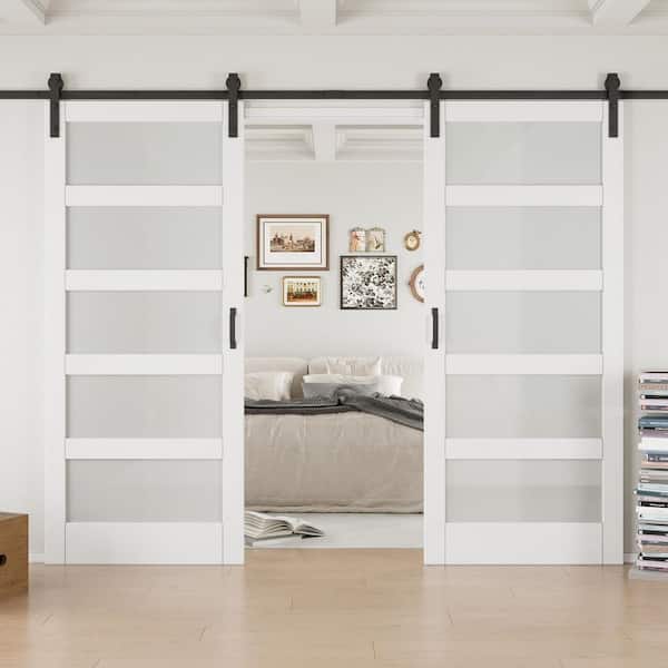 EH PUERTA 72 in. x 84 in. 5-Lite Tempered Frosted Glass White MDF Finished Double Sliding Barn Door Slab with Hardware