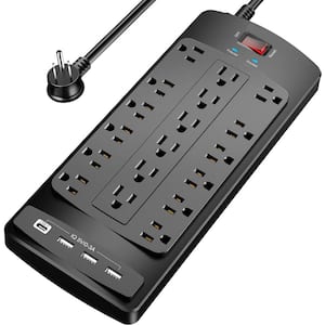 Heavy-Duty 20 ft. 18-Outlets with Extension Cord Surge Protector Power Strip with 1 USB C and 3 USB Port in Black