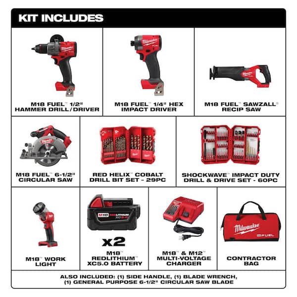 M18 FUEL 18V Lithium-Ion Cordless Combo Kit (5-Tool), 2 5.0 Ah Batteries, Charger w/ Drill Bit Set & Impact Bit Set