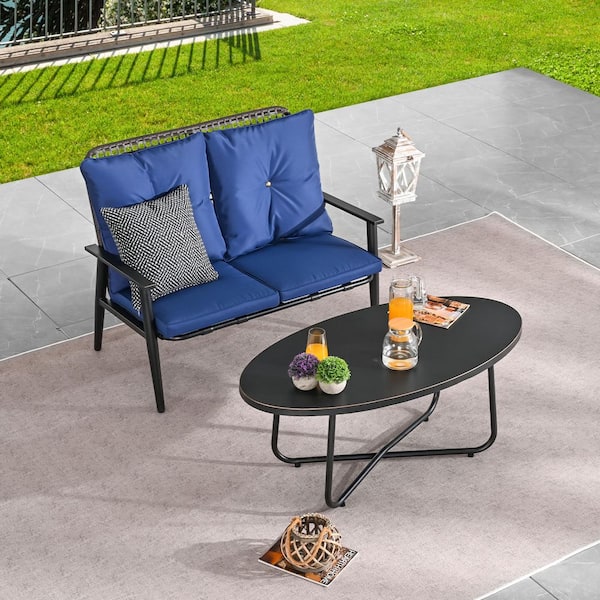 2-Piece Metal Patio Conversation Set with Blue Cushions