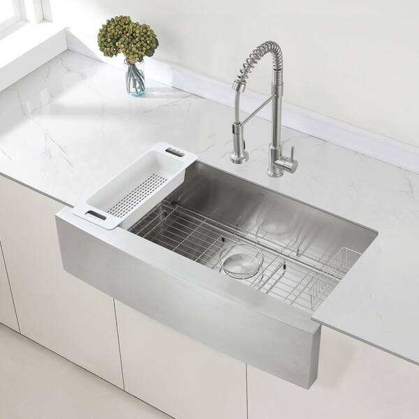 Zuhne Prato 33 In Single Bowl Farmhouse Stainless Steel Kitchen Sink 16 Gauge Prato33 The Home Depot