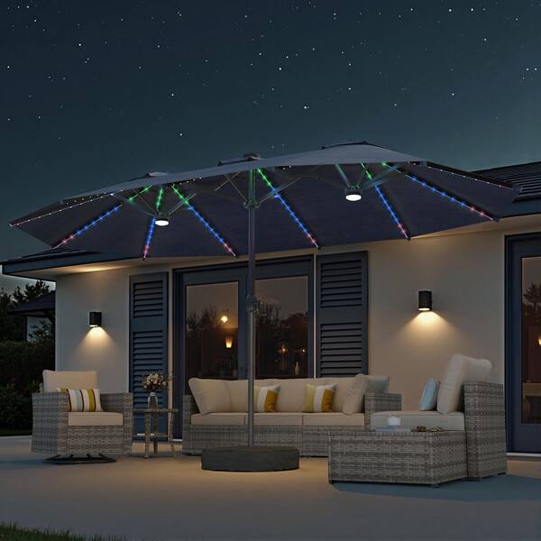 Alpine B 15 ft. Solar Colour LED Light Outdoor Double-Sided Market Patio Umbrella, UV Protection with Base in Navy Blue