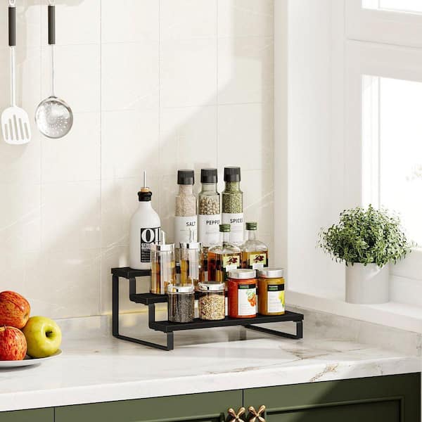 3 Tier Black Wooden Kitchen Cabinet Organizer Drawer Spice Rack with Easy Access Countertop Storage Shelf