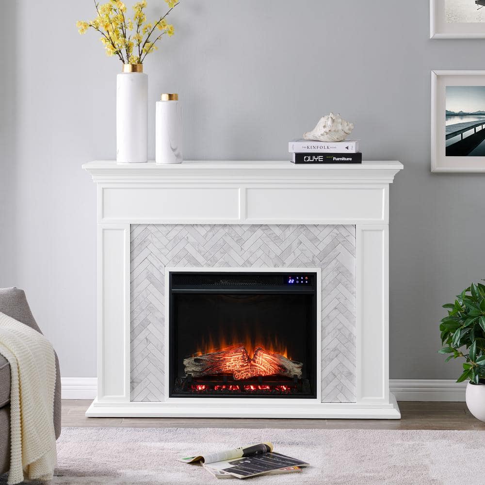 Southern Enterprises Hundera 50 in. Touch Panel Electric Fireplace in White with White and Gray Marble, White finish w/ white and gray marble -  HD054193