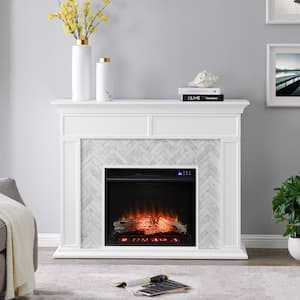 Hundera 50 in. Touch Panel Electric Fireplace in White with White and Gray Marble