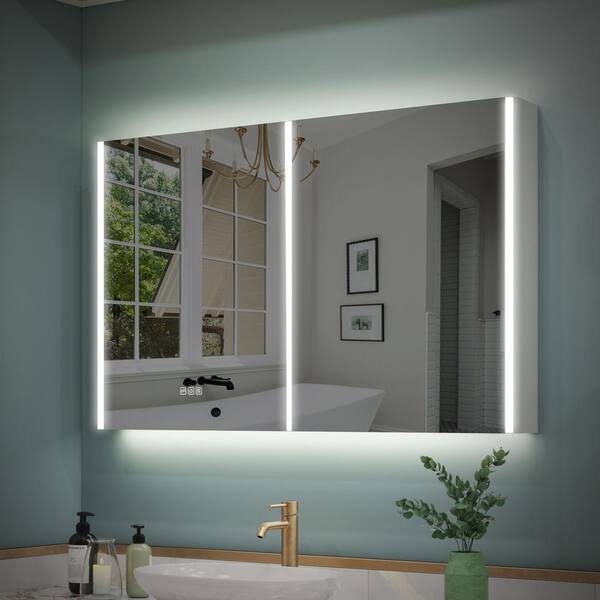 WELLFOR CHIC 48 in. W x 30 in. H Rectangular Aluminum Wall Mount Medicine Cabinet with Mirror and Lighted, Memory, Double Doors