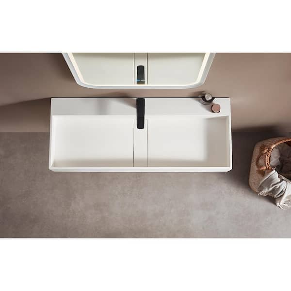 47 in. Wall Mount or Countertop Bathroom Hidden Drain Sink with Double Faucet Holes in Matte White