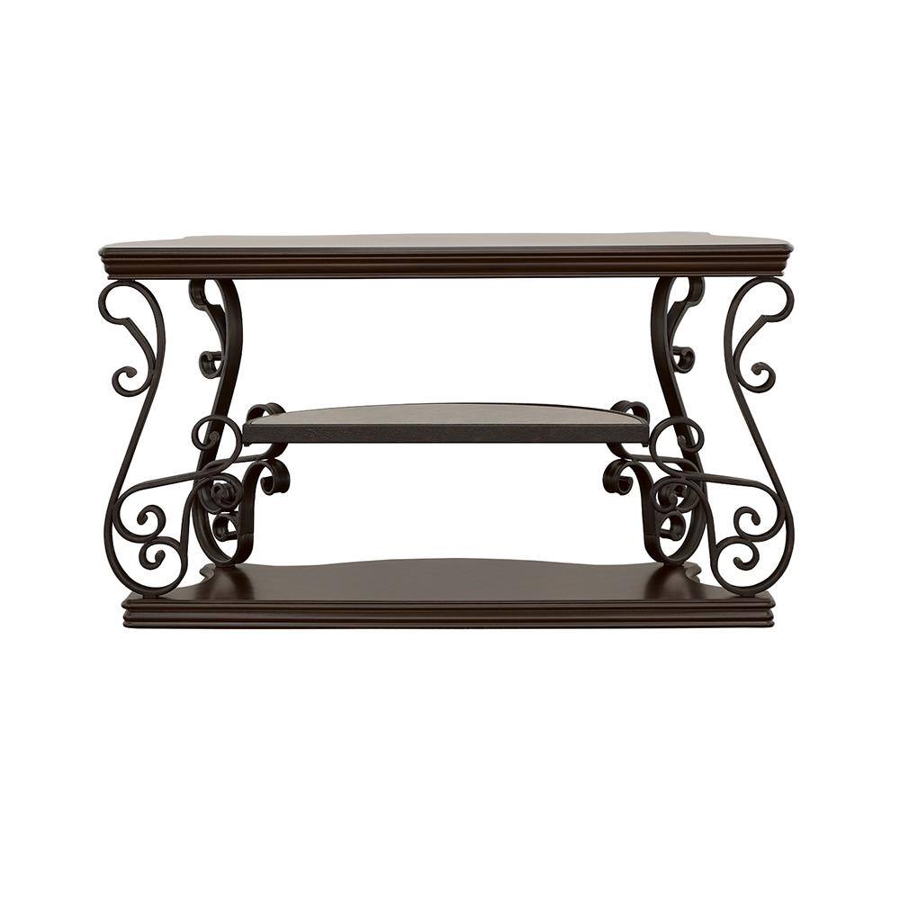 Transitional Black Demilune Sofa Table with Glass Top and Ornate Metal Scrollwork