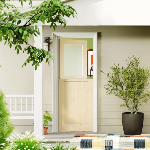 32 in. x 80 in. 1/2 Lite Universal Frosted Glass Dutch Door Solid Pine Wood Light Brown Primed Wood Front Door Slab