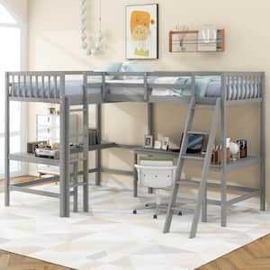 Gray Wood Twin Size Loft Bed with 2 Built-in L-Shaped Desks, 2-Ladders, Full-Length Bedrails