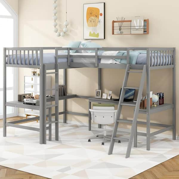 Harper & Bright Designs Gray Wood Twin Size Loft Bed with 2 Built-in L ...