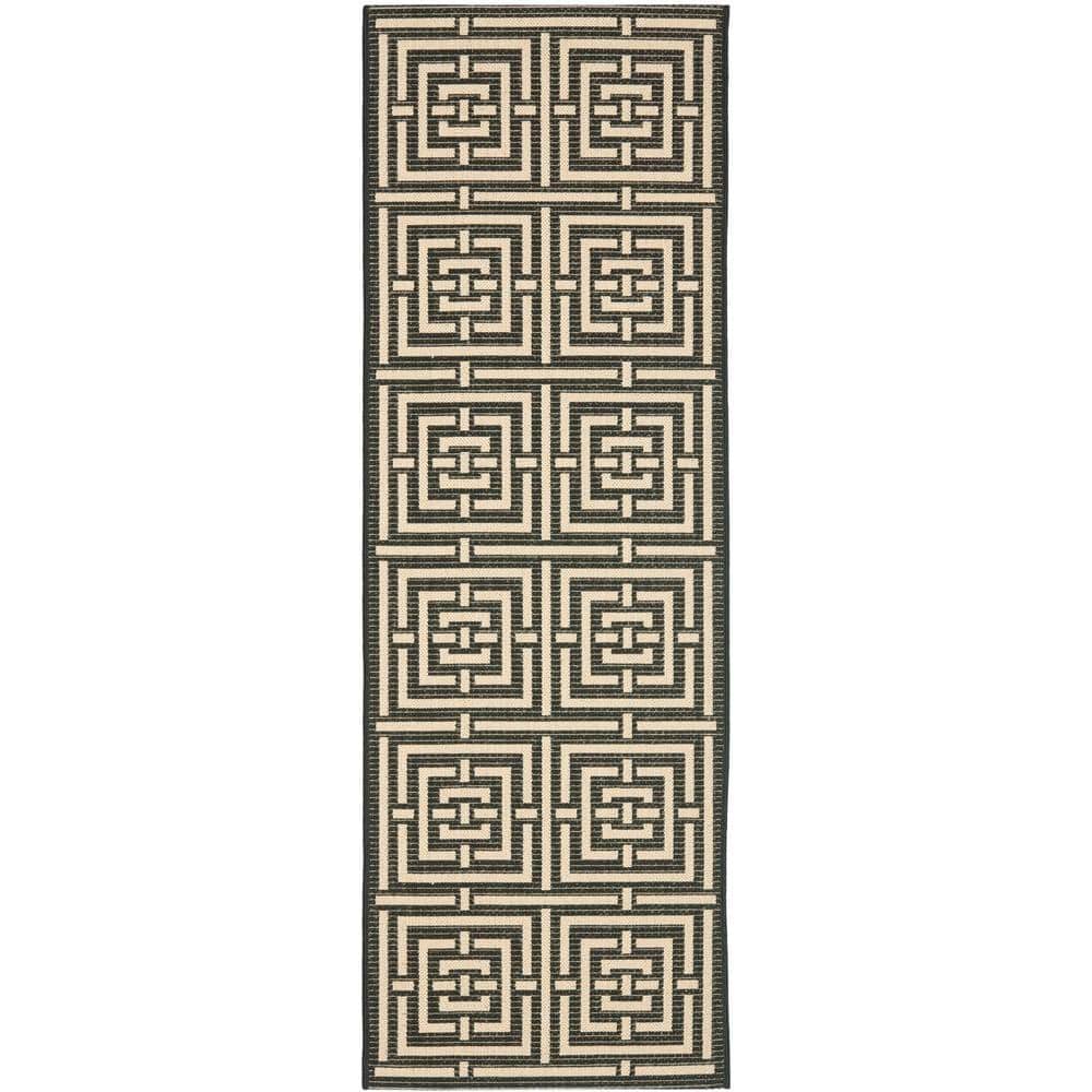 Black and Bone Geometric Synthetic Outdoor Runner Rug