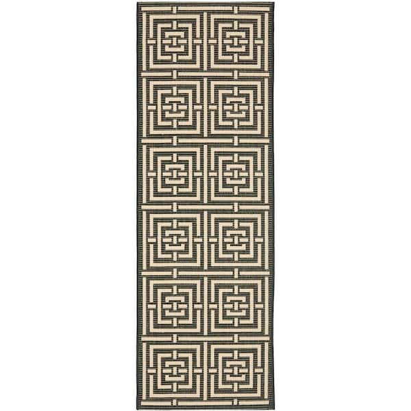 SAFAVIEH Courtyard Black/Bone 2 ft. x 8 ft. Geometric Indoor/Outdoor Patio  Runner Rug