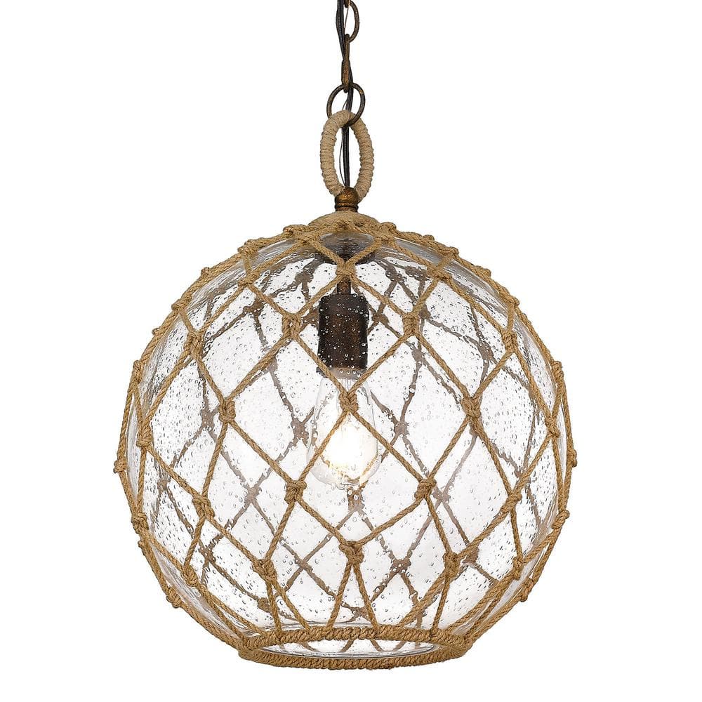 Burnished Chestnut Globe Pendant with Seeded Glass and Rope
