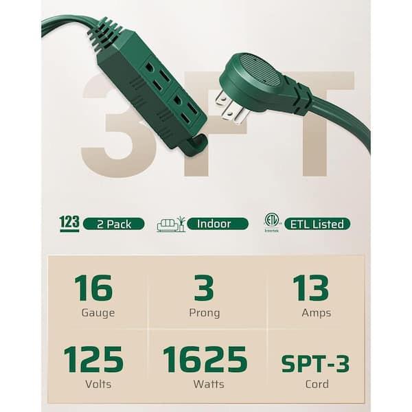 3 ft. 16/3 Indoor Extension Cord with 3 Outlets Grounded and Flat Plug, Green (2-Pack )
