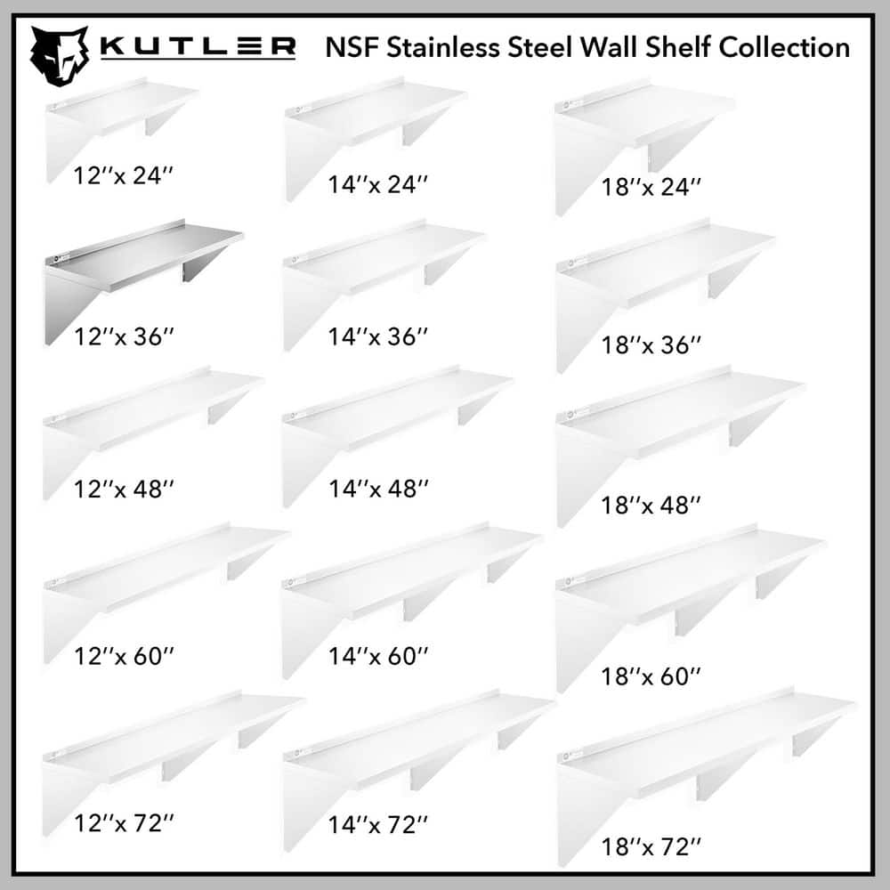 KUTLER 12" x 36" Stainless Steel Wall Mount Shelf with Backsplash