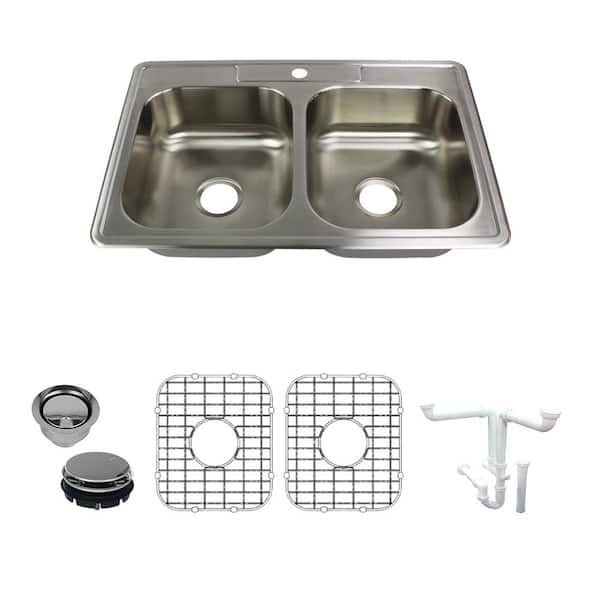 Transolid Select All-in-One Drop-In Stainless Steel 33 in. 1-Hole 50/50 Double Bowl Kitchen Sink in Brushed Stainless Steel