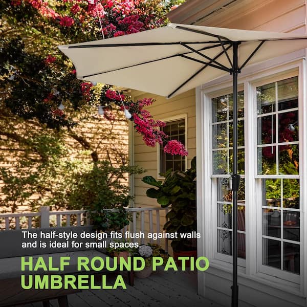9 ft. Iron Half Round Outdoor Patio Umbrella in Beige with Crank, Weather-Resistant Polyester Fabric