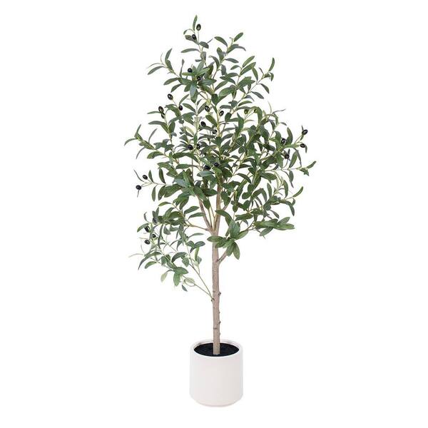 4FT Artificial Olive Tree with White Planter, Faux Silk Plant w ...