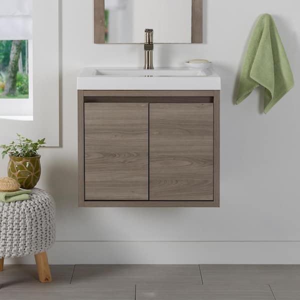 Millhaven 25 in. Single Sink Forest Elm Floating Bath Vanity with White Cultured Marble Top (Assembled)