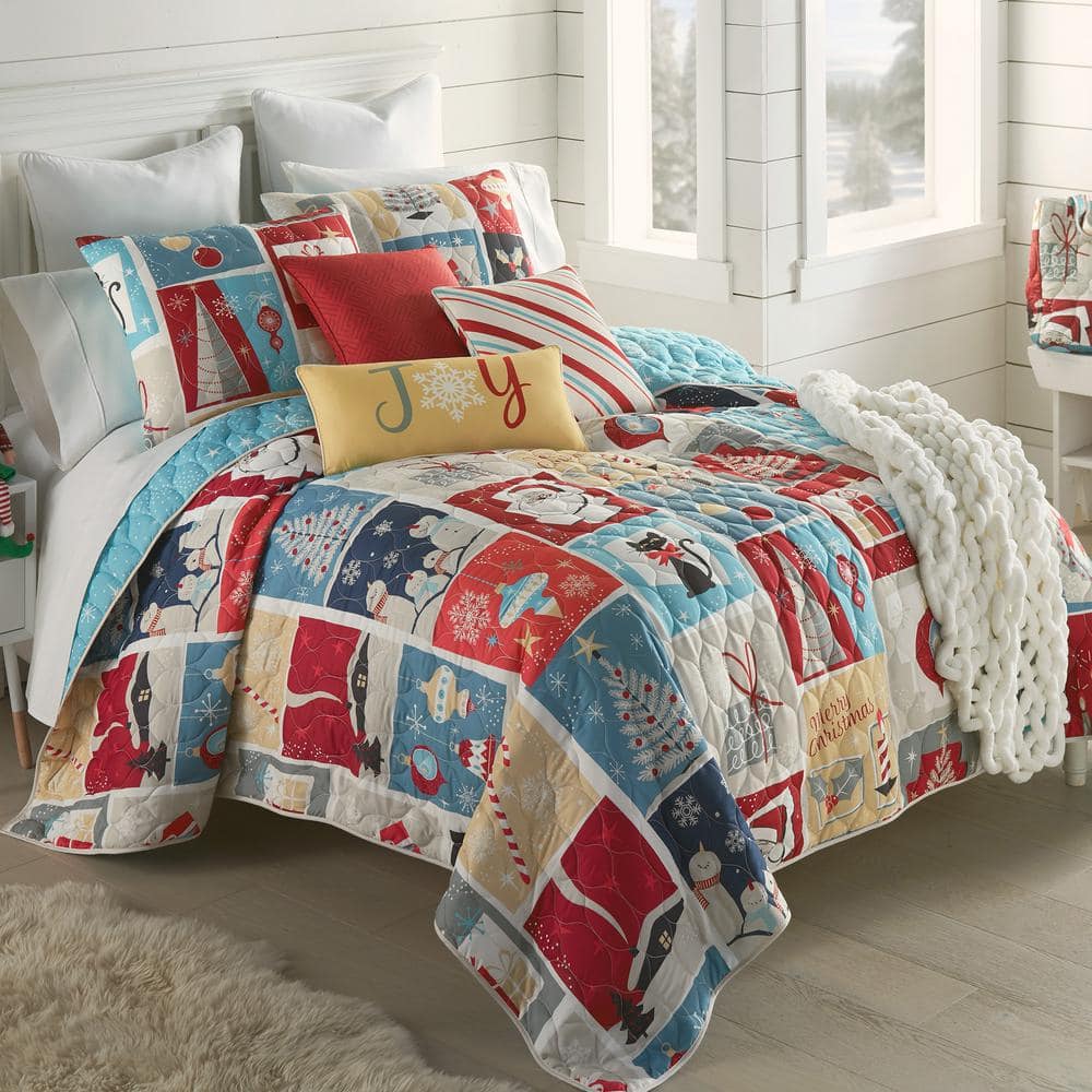 King Size Red and Multicolor Microfiber Reversible Quilt Set