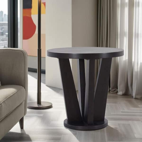 Benjara Chloe 24 in. Espresso Brown Round Wooden End Table with Angled Pedestal Base
