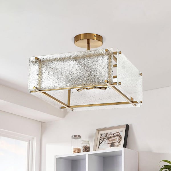 14.57 in. 4-Light Gold Square Industrial Semi-Flush Mount Ceiling Light with Textured Water Glass Shades
