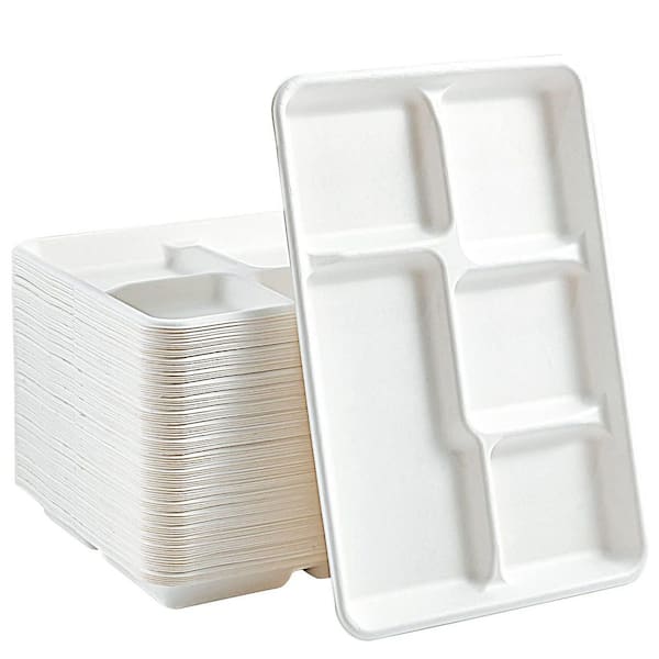 12.5 in. White Disposable Bagasse Sugarcane Fiber 5-Compartment Tray Eco-Friendly Tableware 100 Pack